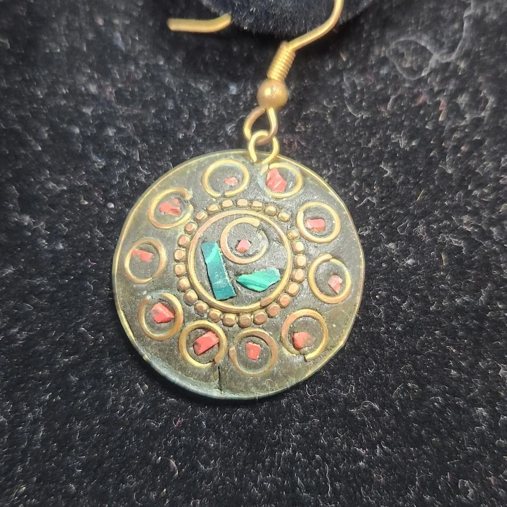 Tibetan Mosaic Inlay Drop Earrings Turquoise Coral Brass Boho Round Dangle